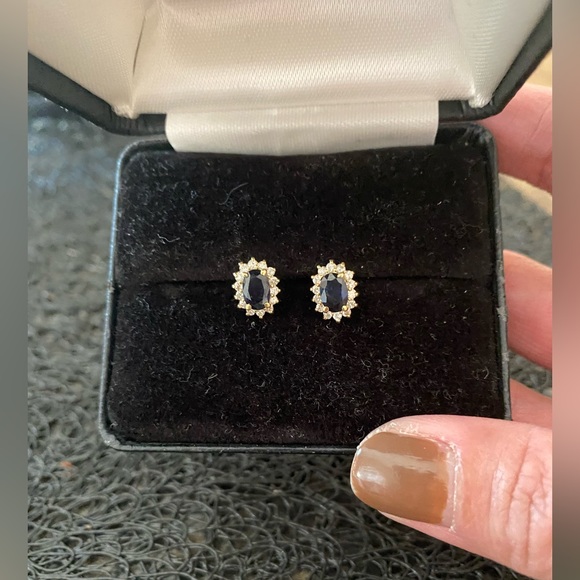 14K Gold Diamond 1.18ct Sapphire Small Halo Oval Stud Earrings - Picture 4 of 7